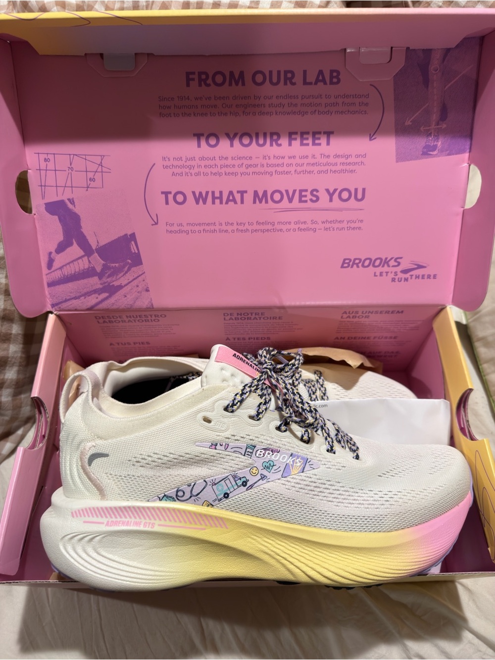 Brooks Women's Adrenaline GTS White with Pink and Yellow Gradient Accents